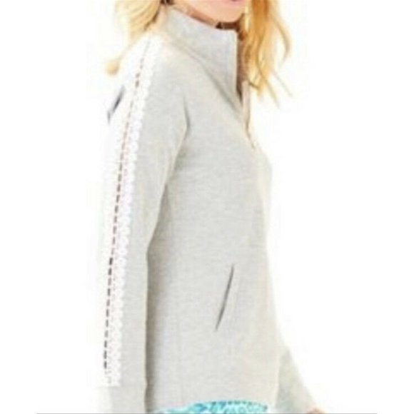 Lilly Pulitzer Gray Skipper Popover Jacket Peek-A-Boo Lace Sleeves XS Excellent - Picture 11 of 11
